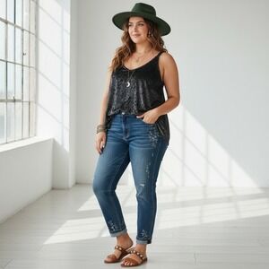 Colleen Lopez Velvet Casual Boho Minimalist Cami Tank Top Black Plus Size 3X